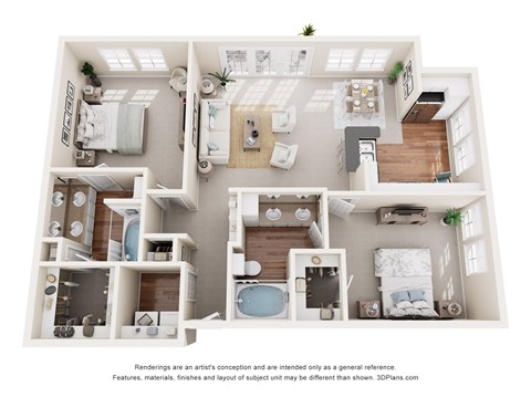 Floor plan for 2 beds, 2 baths, 1128 sqft